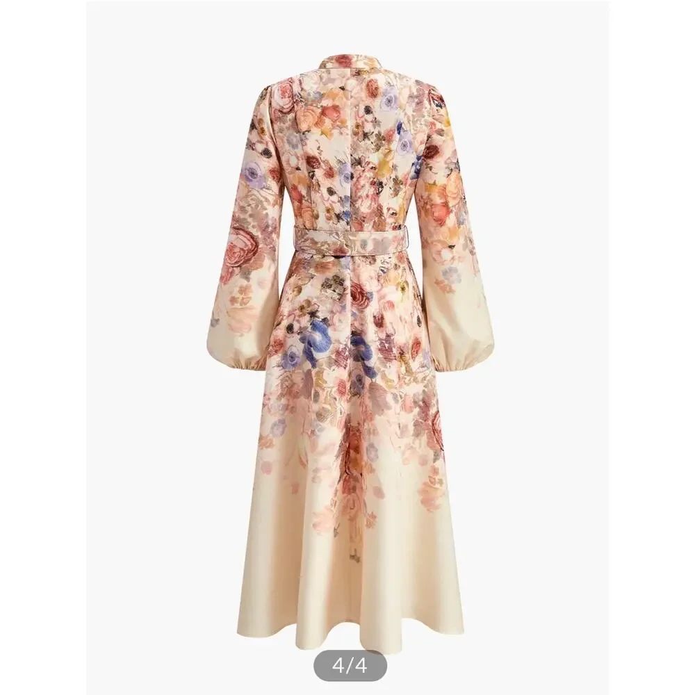 Commense Balloon Sleeve Floral Belted Midi Dress Mock Neck Pink Size Small NWT - Picture 2 of 9
